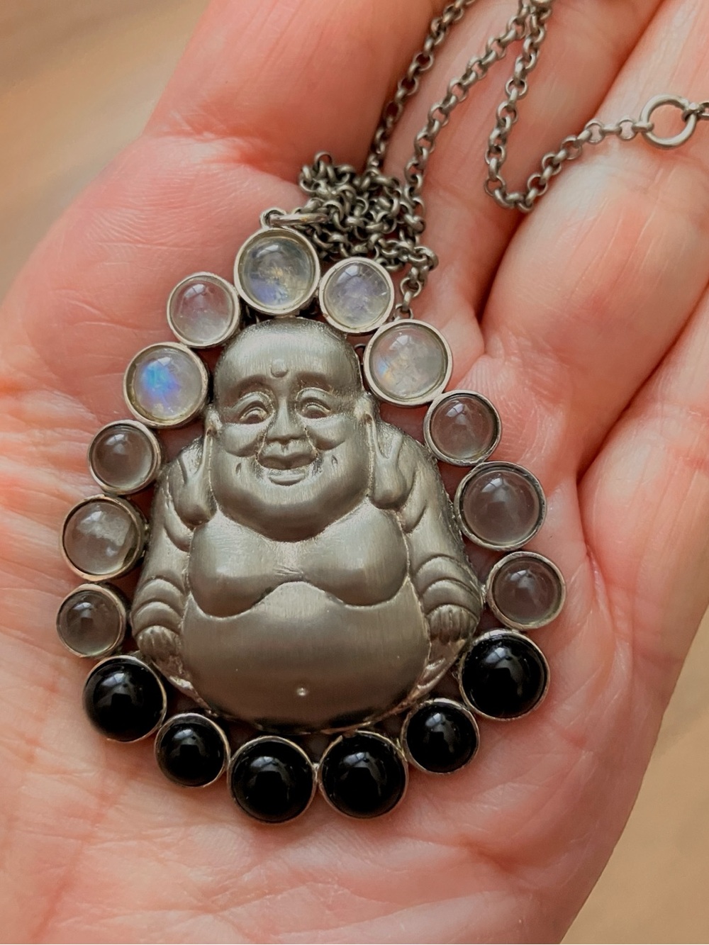 Black onyx and moonstone silver Buddha necklace